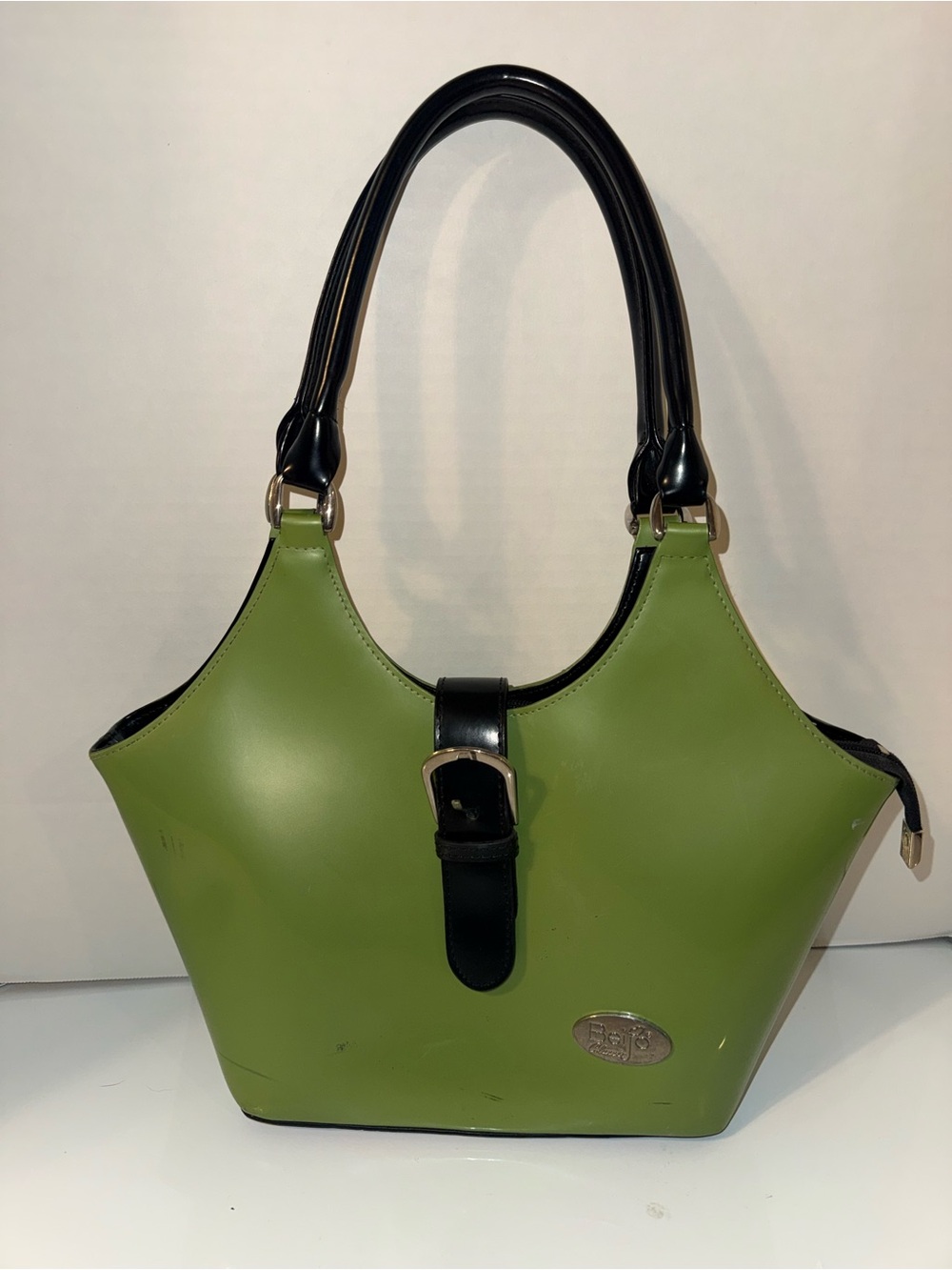 BEIJO Vintage Purse Lime Green Patent Silver Accents Double Leather Handles
